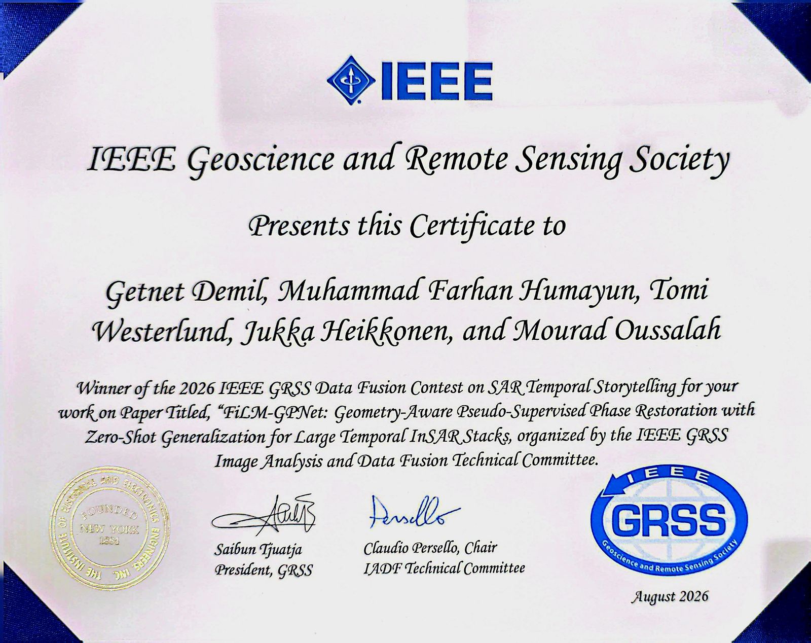 IEEE GRSS Data Fusion Contest winner certificate